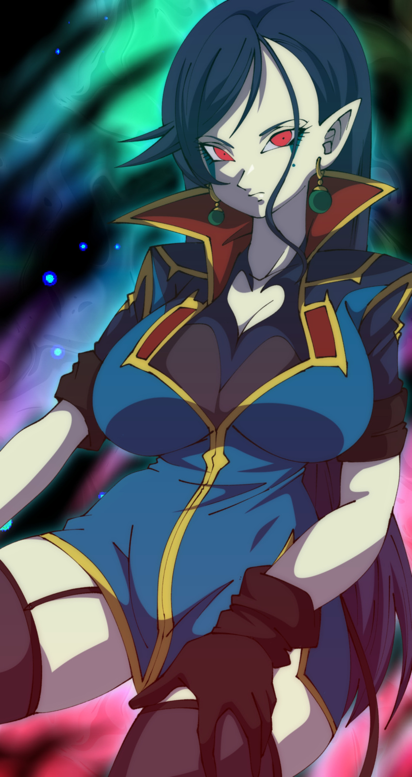 1girl, absurdres, blue_hair, breasts, colored_skin, demon_girl, dragon_ball, dragon_ball_heroes