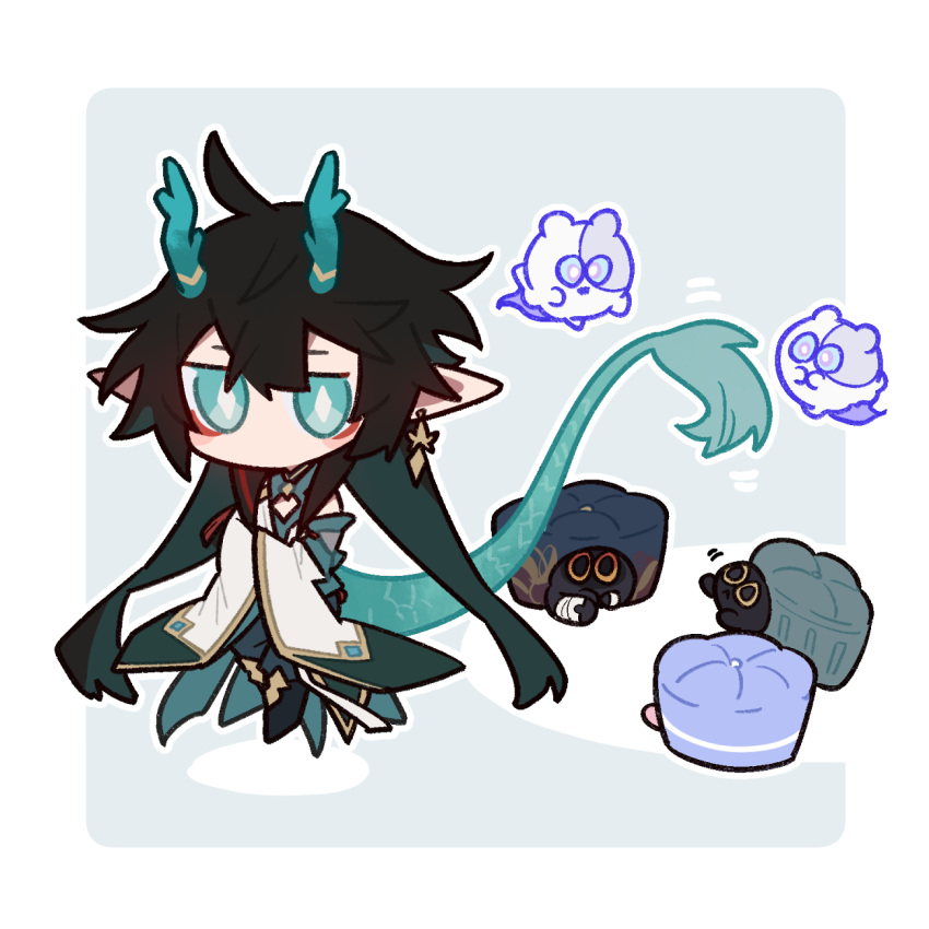 1boy, ahoge, aqua_eyes, aqua_horns, aqua_tail, black_cat, black_footwear, black_hair