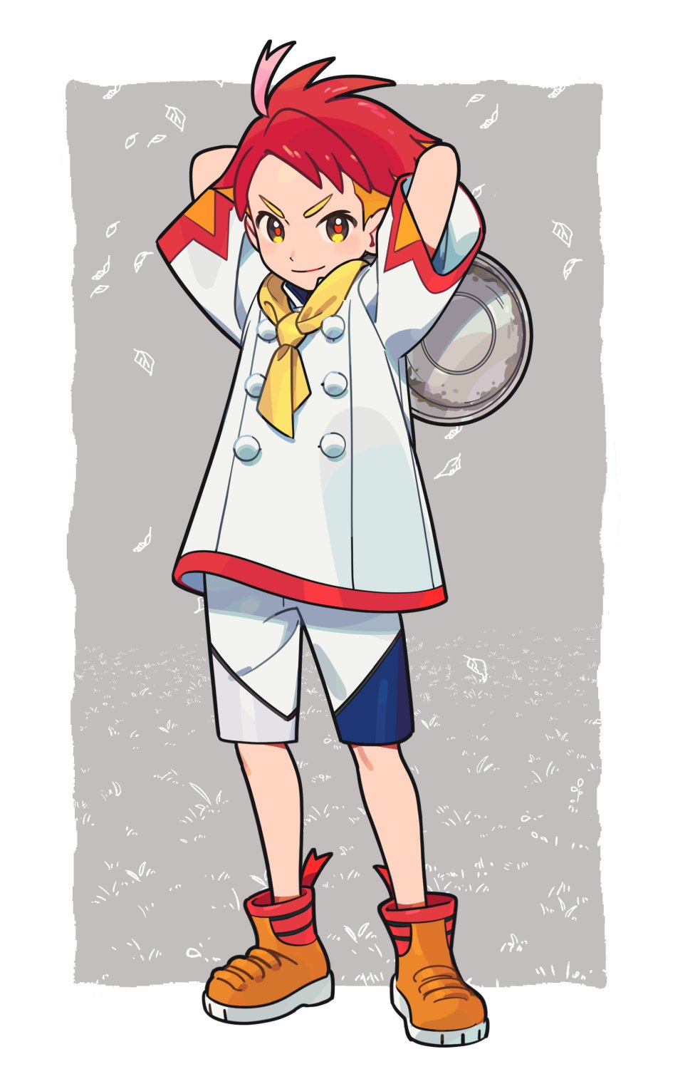 1boy, border, buttons, closed_mouth, commentary_request, crispin_(pokemon), frying_pan, full_body
