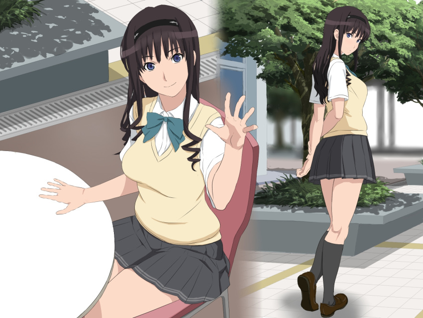 1girl, amagami, black_hair, black_hairband, blue_eyes, breasts, cottage, drill_hair