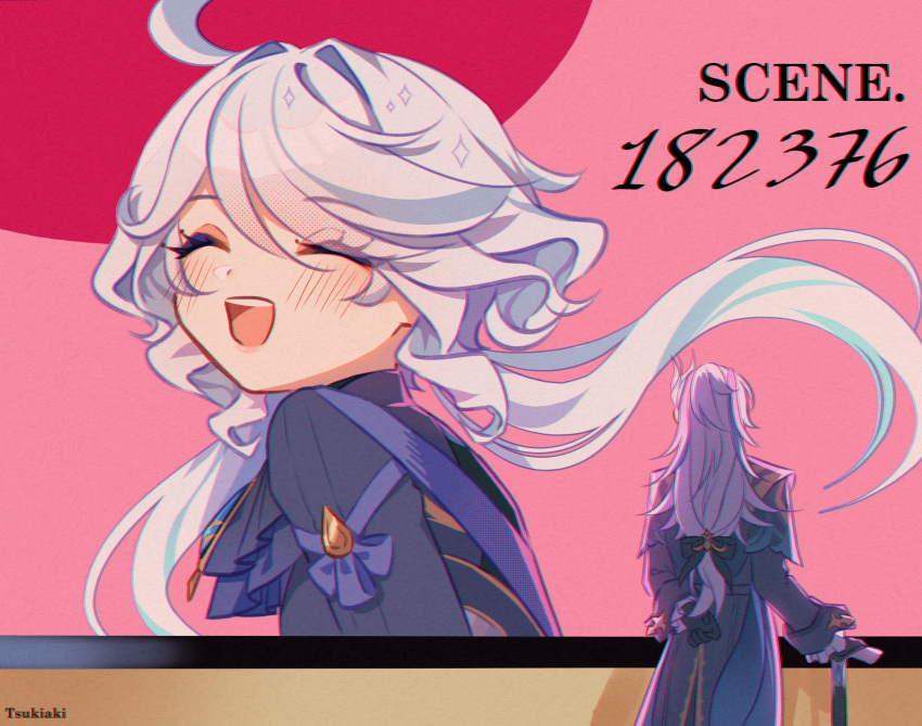 1boy, 1girl, :d, ^_^, absurdres, ahoge, billboard, blue_coat