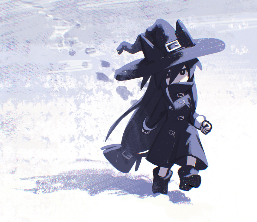 1girl, animal_hat, belt, black_dress, black_eyes, black_footwear, black_hair, boots