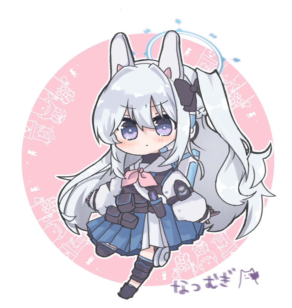 1girl, animal_ears, artist_name, black_footwear, black_gloves, blue_archive, blue_halo, blue_skirt