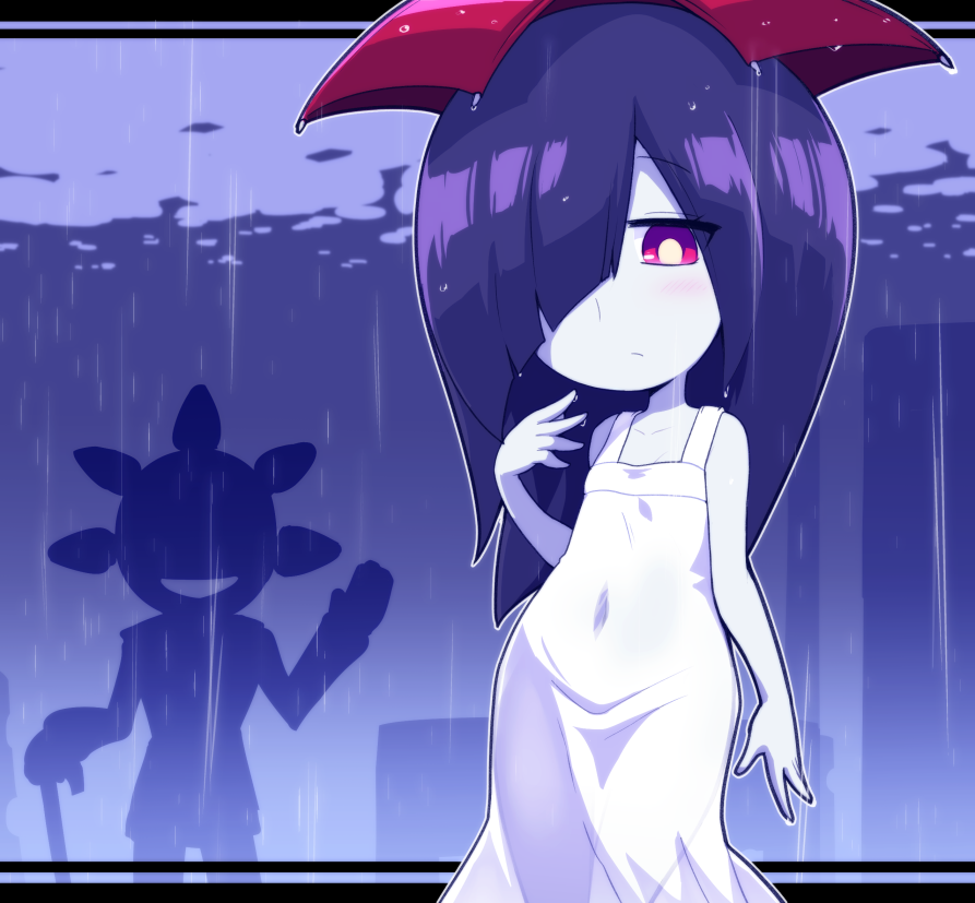 1boy, 1girl, ameonna_(youkai_watch), cane, dress, hair_over_one_eye, hareotoko, long_hair
