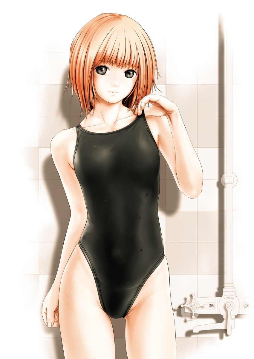 black_eyes, competition_swimsuit, faucet, highres, kirin404, one-piece_swimsuit, orange_hair, original, short_hair, solo, swimsuit