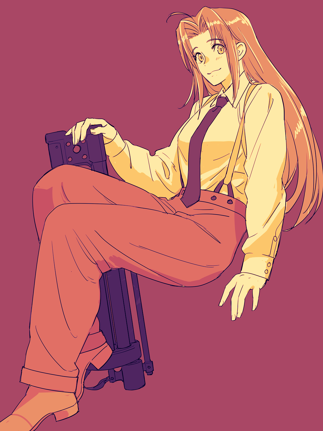 1girl, ahoge, closed_mouth, collared_shirt, full_body, gun, hair_intakes, highres, long_hair, long_sleeves, looking_at_viewer, milly_thompson, necktie, pants, pink_background, shirt, simple_background, sitting, smile, solo, suspenders, trigun, weapon, yuccoshi