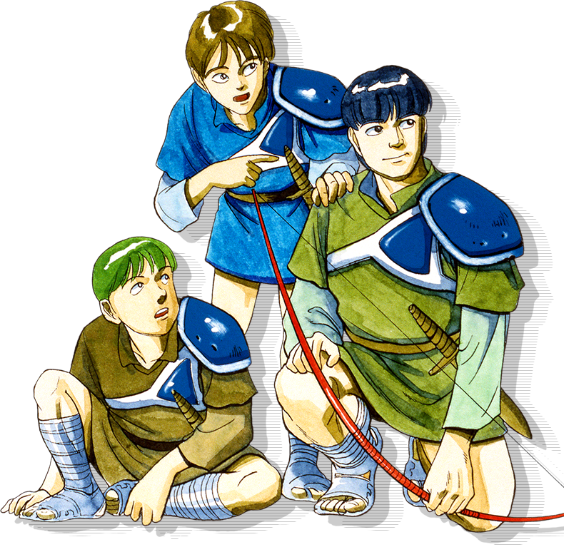 3boys, armor, artist_request, blue_hair, blue_shirt, breastplate, brown_hair, brown_shirt, fire_emblem, fire_emblem_gaiden, gray_(fire_emblem), green_hair, green_shirt, holding, holding_weapon, kliff_(fire_emblem), looking_to_the_side, multiple_boys, official_art, on_one_knee, open_mouth, pauldrons, pointing, shadow, shirt, shoulder_armor, single_pauldron, sitting, standing, tobin_(fire_emblem), weapon