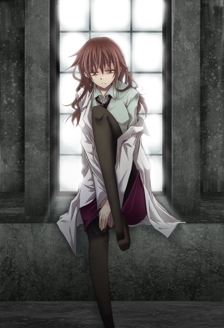 brown_eyes, brown_hair, haruna_hisui, kiyama_harumi, labcoat, long_hair, necktie, pantyhose