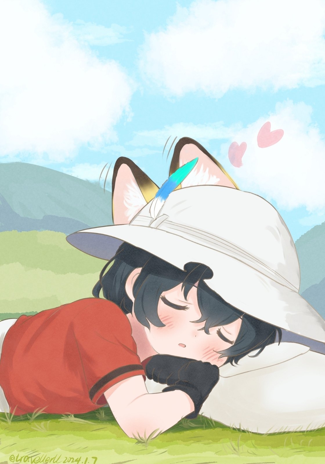 2girls, animal_ears, backpack, bag, black_gloves, black_hair, blush, cat_ears