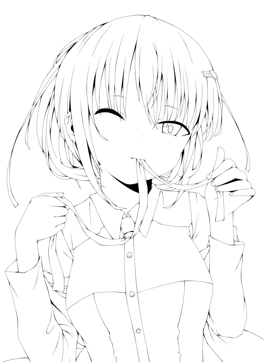 highres, himuro_yuuki, kud_wafter, lineart, little_busters!!, monochrome, mouth_hold, oohashiyou