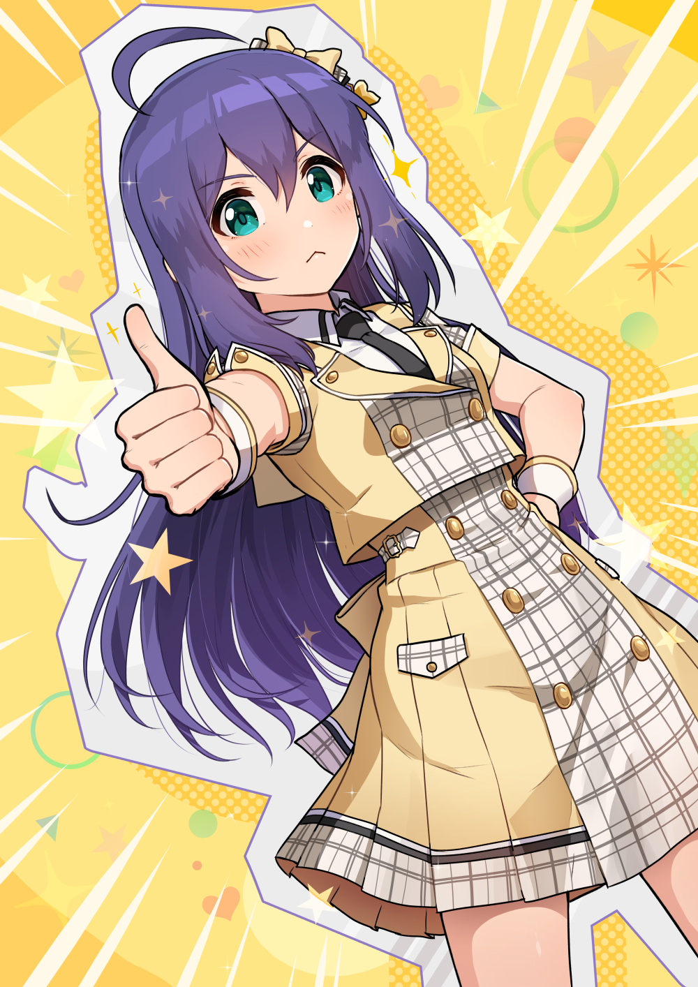 1girl, ahoge, aqua_eyes, back_bow, black_necktie, bow, closed_mouth, commentary, cowboy_shot, dress_shirt, dutch_angle, emphasis_lines, frown, future_signature_(idolmaster), hair_bow, hand_on_own_hip, high-waist_skirt, highres, idol, idolmaster, jacket, kamille_(vcx68), long_hair, looking_at_viewer, miniskirt, mochizuki_anna, necktie, pleated_skirt, purple_hair, revision, shirt, short_sleeves, skirt, solo, standing, star_(symbol), thumbs_up, white_shirt, wing_collar, wrist_cuffs, yellow_bow, yellow_jacket, yellow_skirt