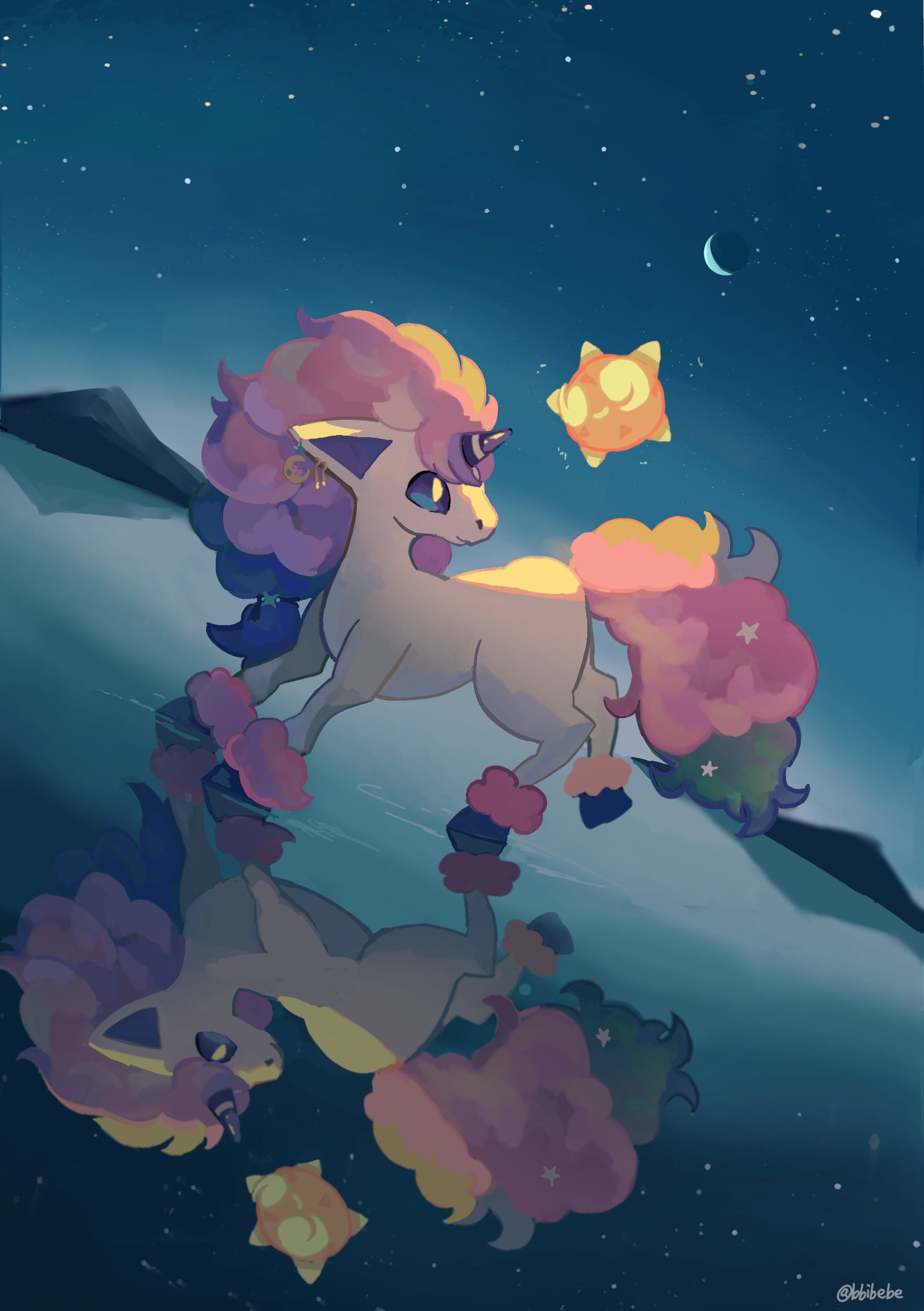 animal_focus, artist_name, bbibebe, blue_eyes, bright_pupils, colored_skin, commentary, galarian_ponyta