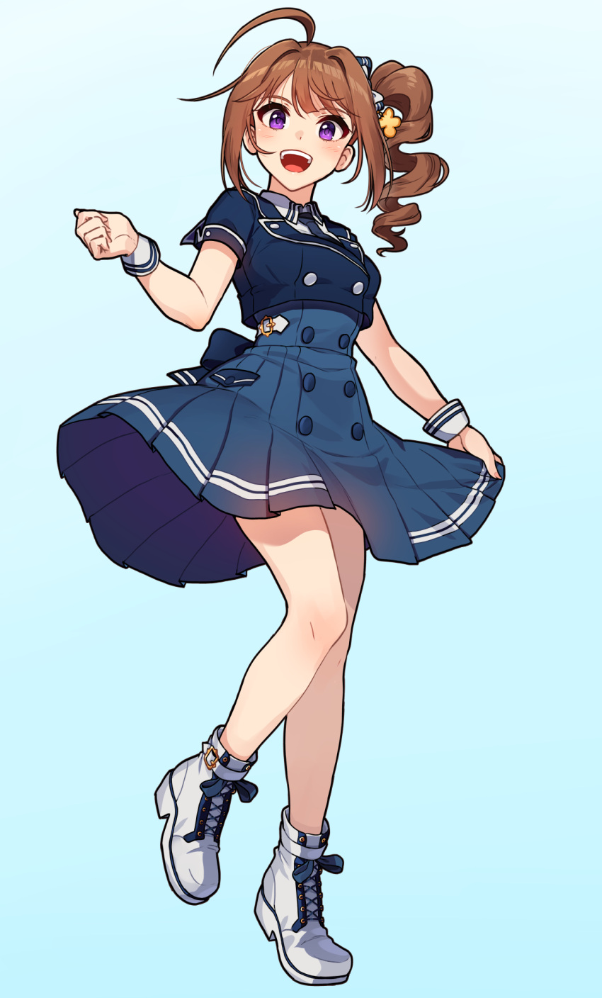 1girl, ahoge, aqua_background, blue_dress, bow, brown_hair, buttons, commentary