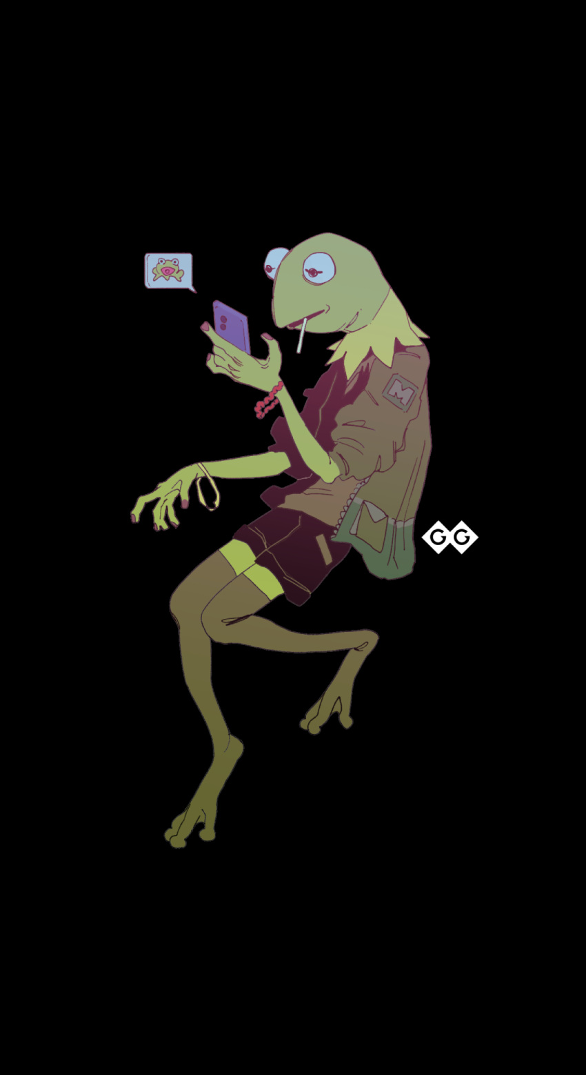 1boy, artist_logo, black_background, black_eyes, black_shorts, bracelet, brown_shirt, candy