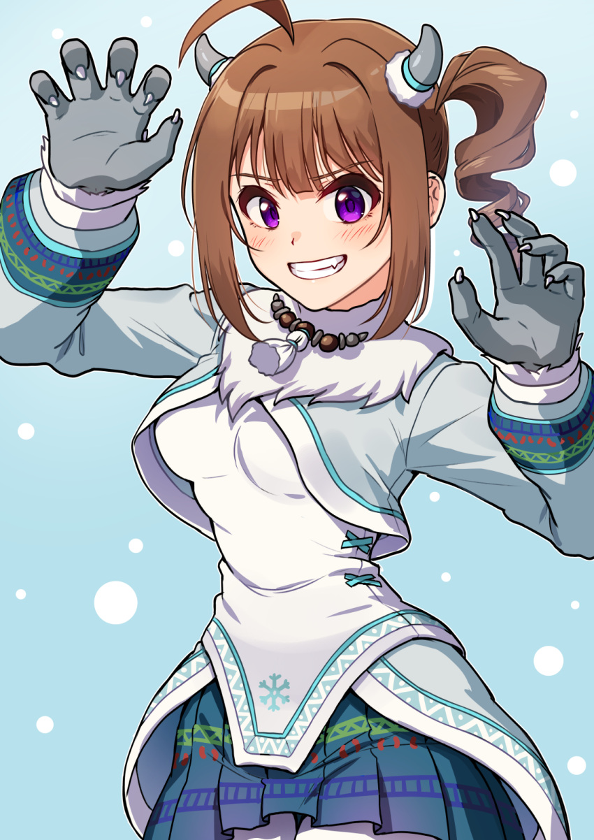 1girl, ahoge, blue_skirt, blush, breasts, brown_hair, claw_pose, claws