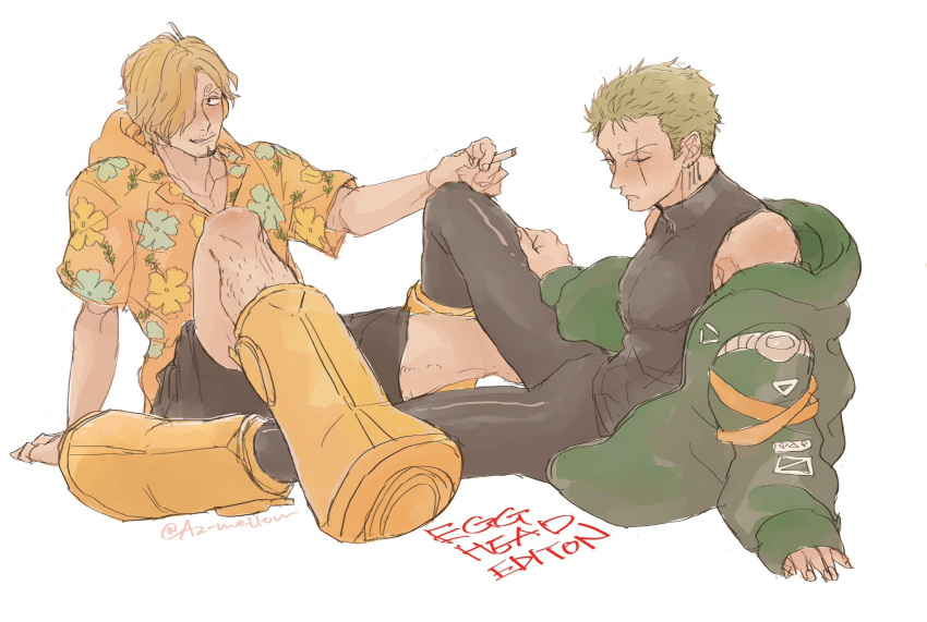 2boys, az_mellow, blonde_hair, cigarette, curly_eyebrows, facial_hair, green_hair, hair_over_one_eye, highres, holding, male_focus, multiple_boys, one_piece, pants, roronoa_zoro, sanji_(one_piece), scar, shirt, smile, smoking
