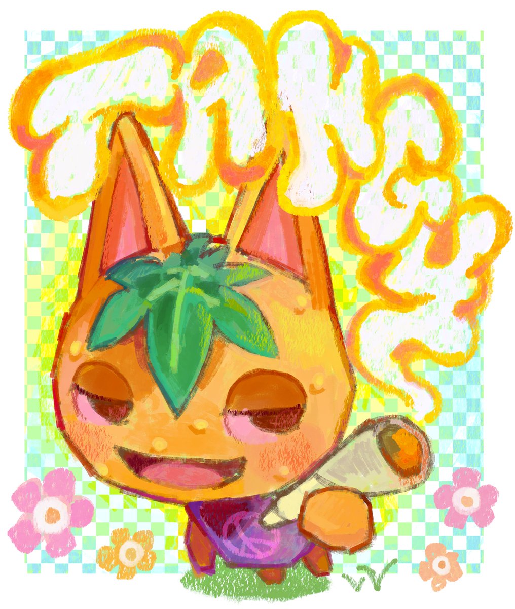 1girl, animal_crossing, applepums, character_name, checkered_background, commentary, commission, english_commentary