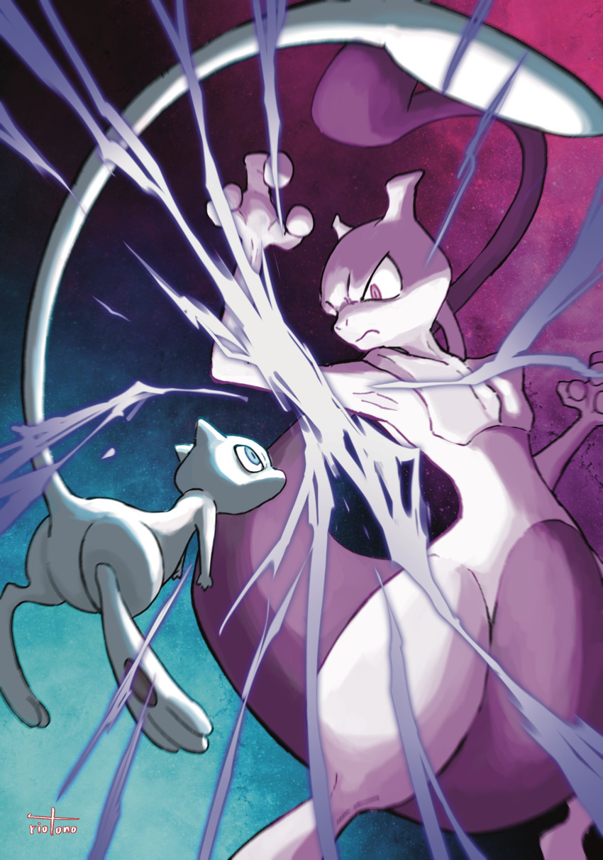 absurdres, alternate_color, artist_name, aura, blue_background, blue_eyes, blue_skin, closed_mouth, colored_skin, commentary_request, floating, frown, gradient_background, highres, mew, mew_(pokemon), mewtwo, pink_background, pokemon, pokemon_(creature), purple_skin, riotono_0643, shiny_pokemon, tail, two-tone_background, v-shaped_eyebrows