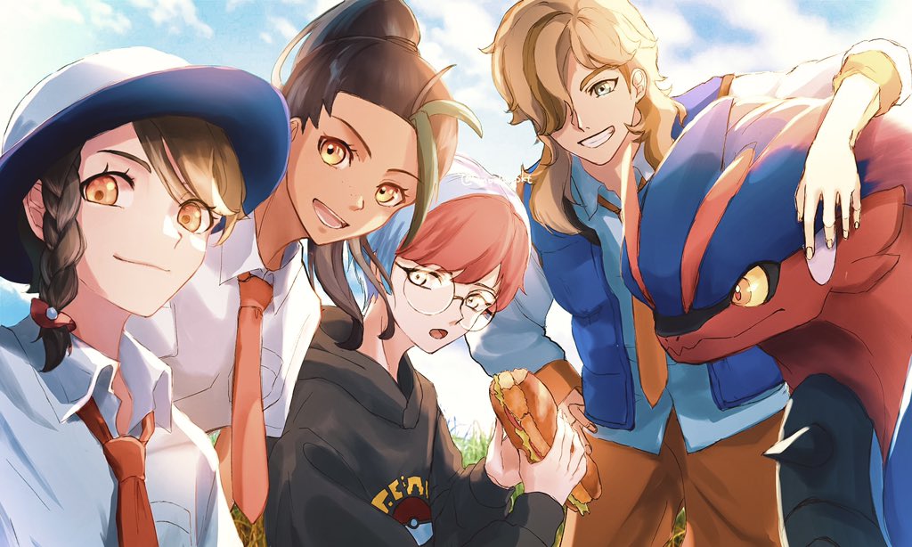 1boy, 3girls, arven_(pokemon), black_hair, black_hoodie, blue_hair, blue_vest, braid, brown_eyes, brown_hair, colored_sclera, eating, glasses, green_hair, grey_eyes, hair_over_one_eye, hair_pulled_back, hat, holding_sandwich, hood, hoodie, juliana_(pokemon), koraidon, mocha_pkt, multicolored_hair, multiple_girls, naranja_academy_school_uniform, necktie, nemona_(pokemon), open_clothes, open_mouth, open_vest, orange_eyes, orange_necktie, penny_(pokemon), pokemon, pokemon_(creature), pokemon_sv, ponytail, redhead, round_eyewear, school_uniform, shirt, short_hair, side_braid, smile, streaked_hair, two-tone_hair, vest, yellow_sclera