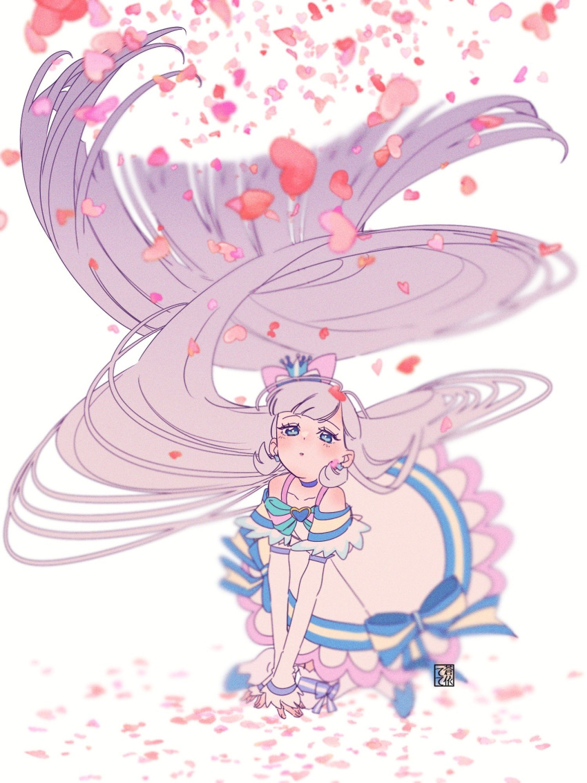 1girl, absurdly_long_hair, aoi_tete, bare_shoulders, blue_eyes, blurry, bow, brooch