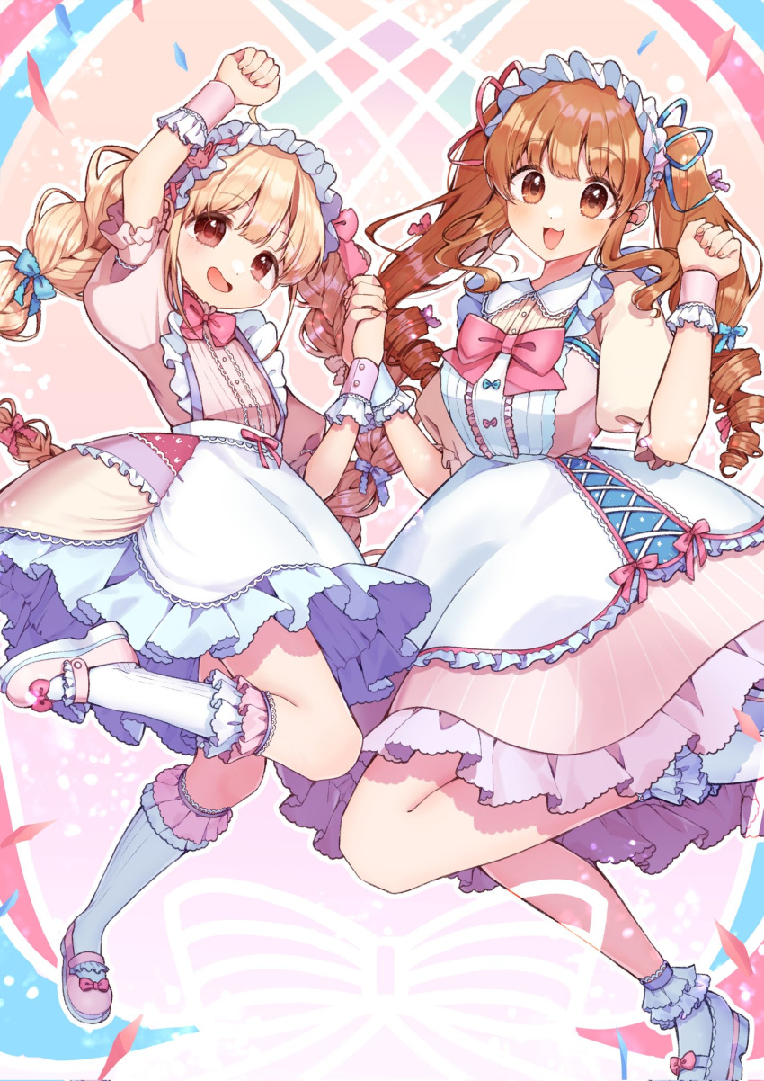 2girls, apron, blonde_hair, blue_bow, blue_footwear, bow, braid, brown_eyes, brown_hair, dress, drill_hair, frilled_socks, frills, futaba_anzu, hair_bow, highres, holding_hands, idolmaster, idolmaster_cinderella_girls, kneehighs, kuwaefuru, maid_headdress, mary_janes, moroboshi_kirari, multiple_girls, pink_bow, pink_dress, pink_footwear, puffy_sleeves, shoes, short_socks, smile, socks, twin_braids, twin_drills, white_socks, wrist_cuffs