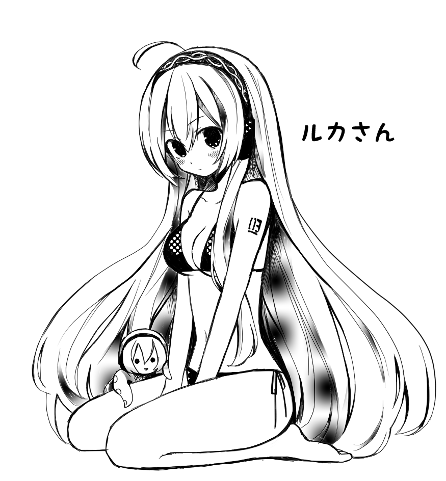 bikini, blush, breasts, kneeling, long_hair, megurine_luka, monochrome, naniboshi