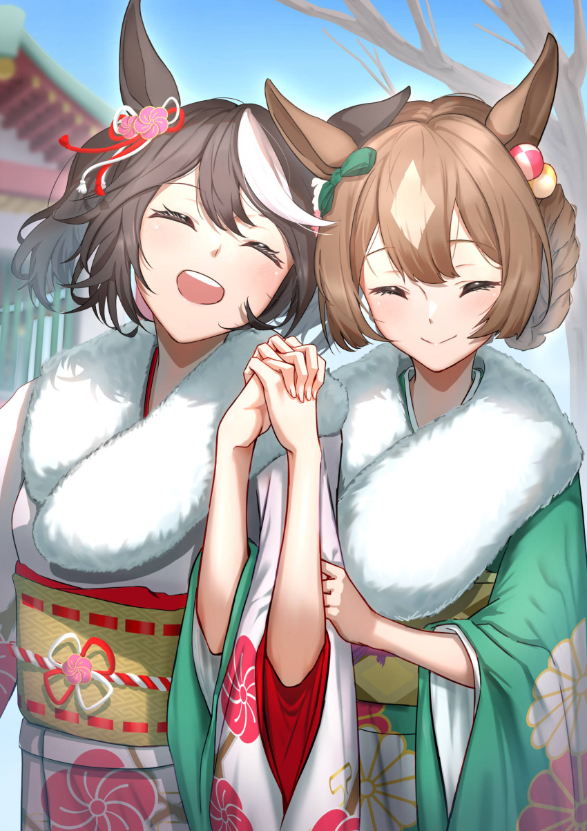 2girls, ^_^, absurdres, animal_ears, black_hair, braid, brown_hair, closed_eyes