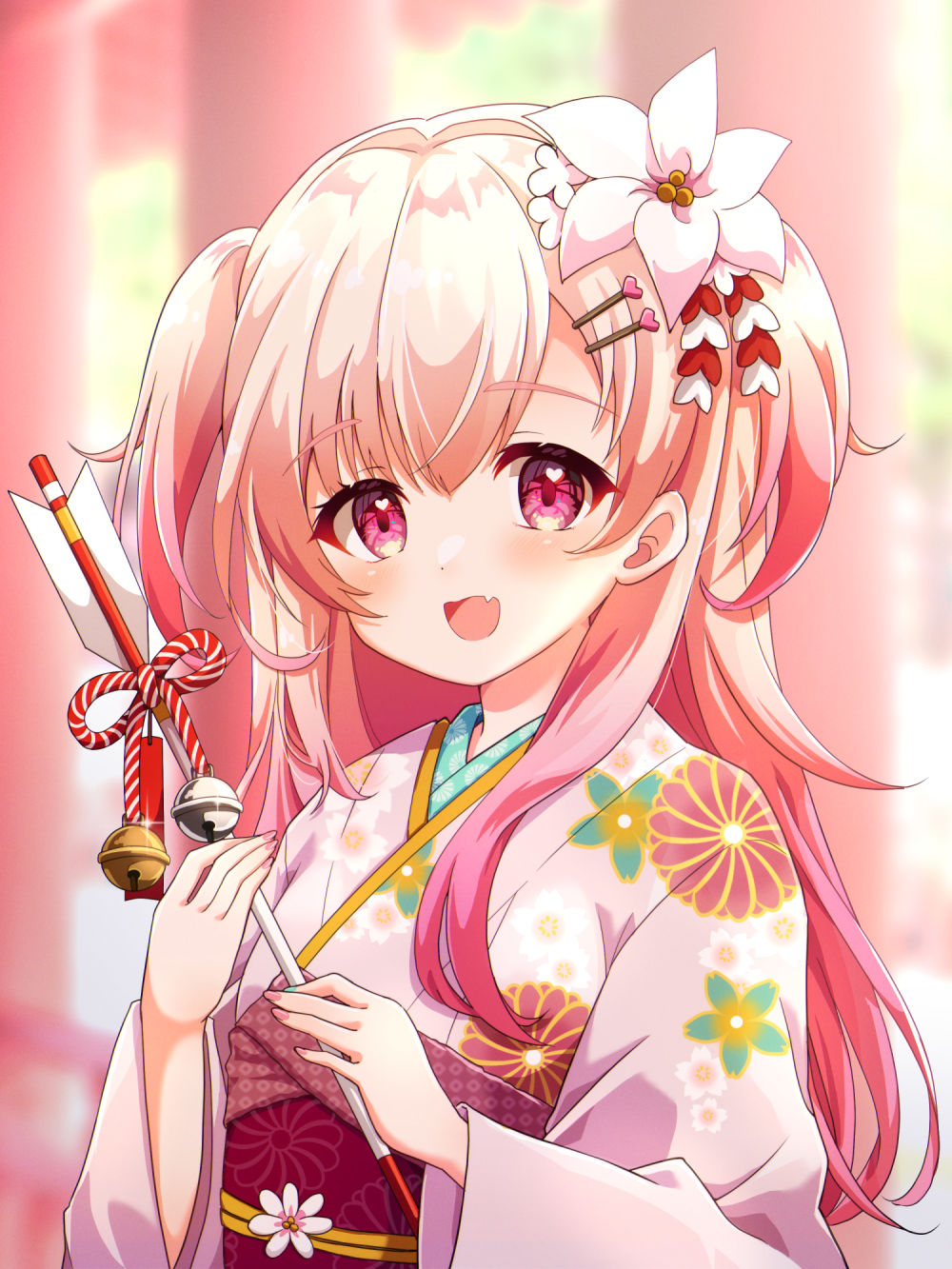 1girl, arrow_(projectile), bell, blurry, blurry_background, commission, fang, floral_print