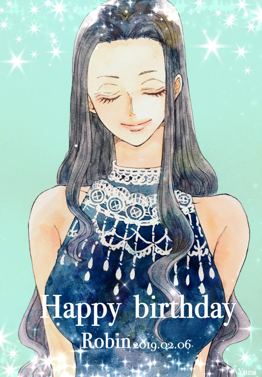 1girl, black_hair, blue_background, blue_dress, closed_eyes, commentary_request, dress, eyelashes