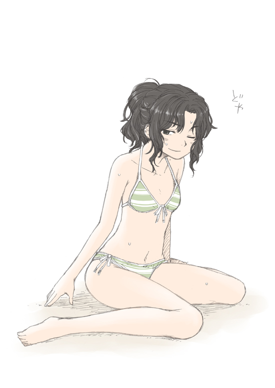 1girl, amagami, bikini, black_eyes, black_hair, long_hair, sinsan, solo, swimsuit, tanamachi_kaoru, wavy_hair, wink