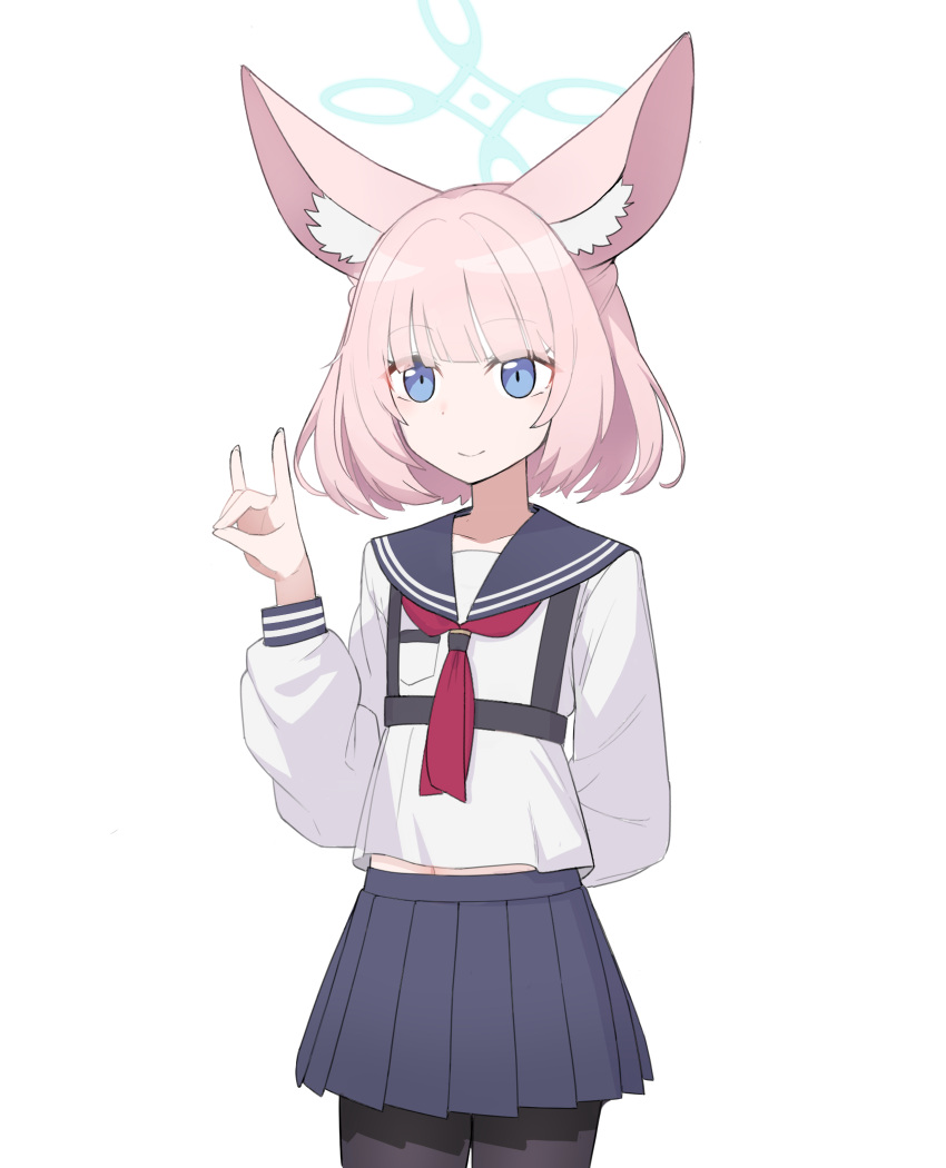 1girl, animal_ear_fluff, animal_ears, arm_behind_back, black_pantyhose, black_skirt, blue_archive, blue_eyes, blunt_bangs, collarbone, commentary, fox_ears, fox_girl, fox_shadow_puppet, goorung, halo, highres, long_sleeves, looking_at_viewer, medium_hair, midriff, navel, niko_(blue_archive), pantyhose, pink_hair, pleated_skirt, school_uniform, serafuku, shoulder_strap, sidelocks, simple_background, skirt, smile, solo, white_background, white_serafuku
