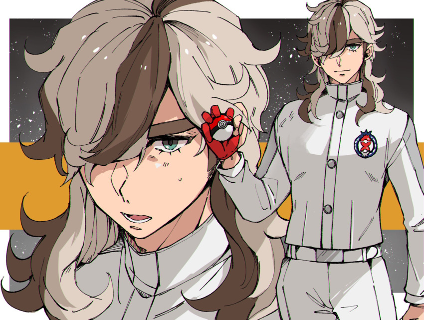 1boy, arven_(pokemon), blueberry_academy_(emblem), blueberry_academy_school_uniform, brown_hair, gloves, green_eyes, hair_over_one_eye, highres, holding, holding_poke_ball, light_brown_hair, long_hair, long_sleeves, multicolored_hair, multiple_views, open_mouth, partially_fingerless_gloves, poke_ball, poke_ball_(basic), pokemon, pokemon_sv, red_gloves, roji_(rozio), school_uniform, single_glove, two-tone_hair, white_gakuran