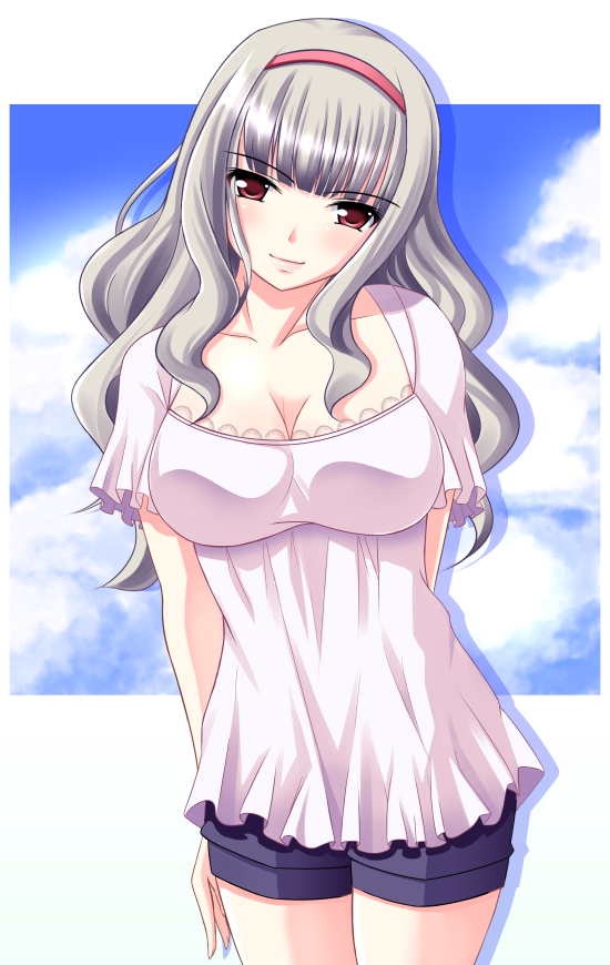 casual, cleavage, hairband, idolmaster, long_hair, makkemi, red_eyes, shijou_takane