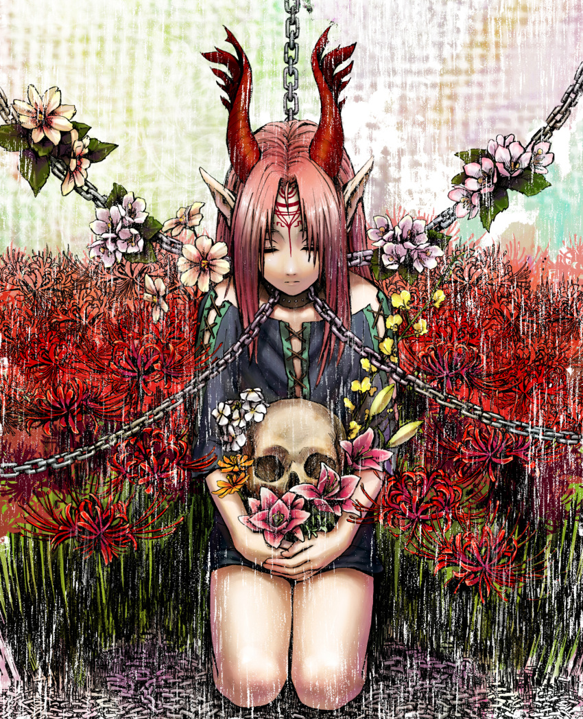 chained, closed_eyes, collar, facial_mark, facial_markings, flower, highres, horns