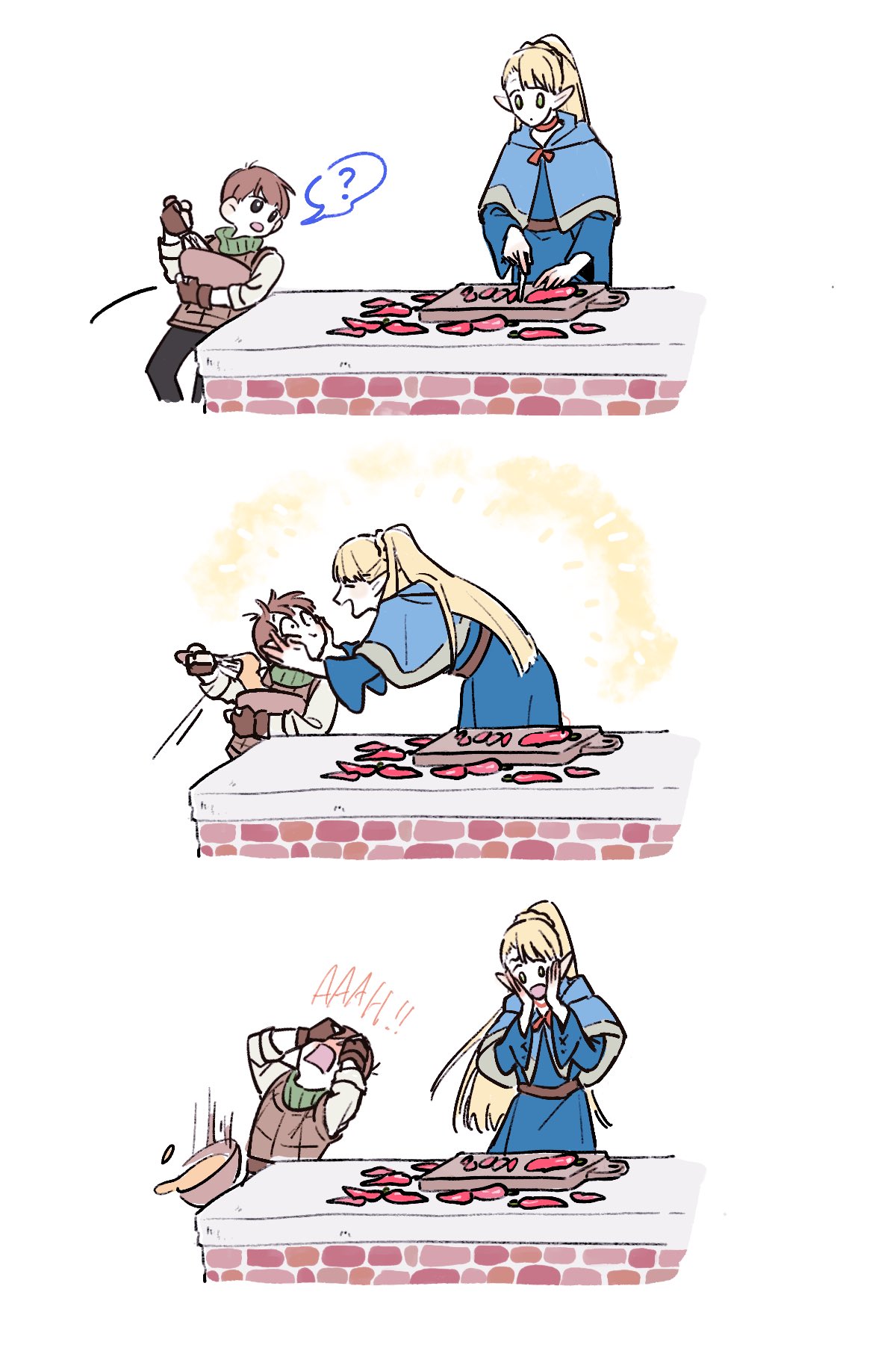 1boy, 1girl, ?, bowl, carrying, chilchuck_tims, chili_pepper, cutting_board