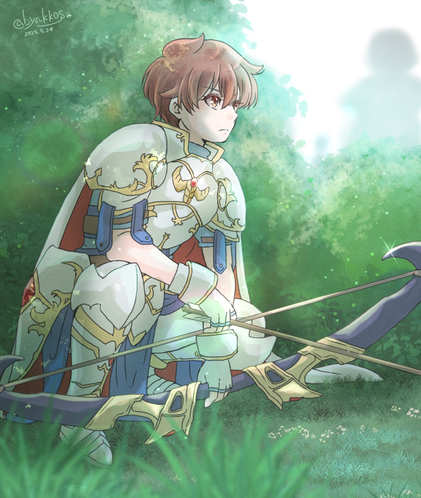 1boy, armor, arrow_(projectile), artist_name, blurry, blurry_foreground, bow_(weapon), breastplate