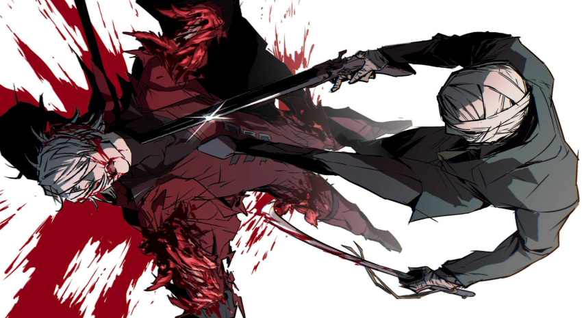 2boys, black_gloves, coat, dante_(devil_may_cry), devil_may_cry_(series), gilver, gloves, gun, highres, holding, holding_weapon, jacket, long_hair, male_focus, multiple_boys, red_coat, sword, weapon, wenwen_0902, white_hair