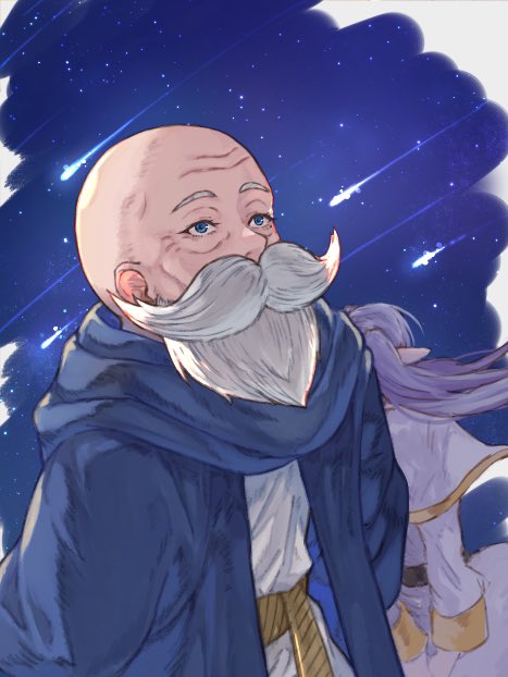 1boy, 1girl, aged_up, arms_behind_back, back-to-back, bald, beard, blue_cloak