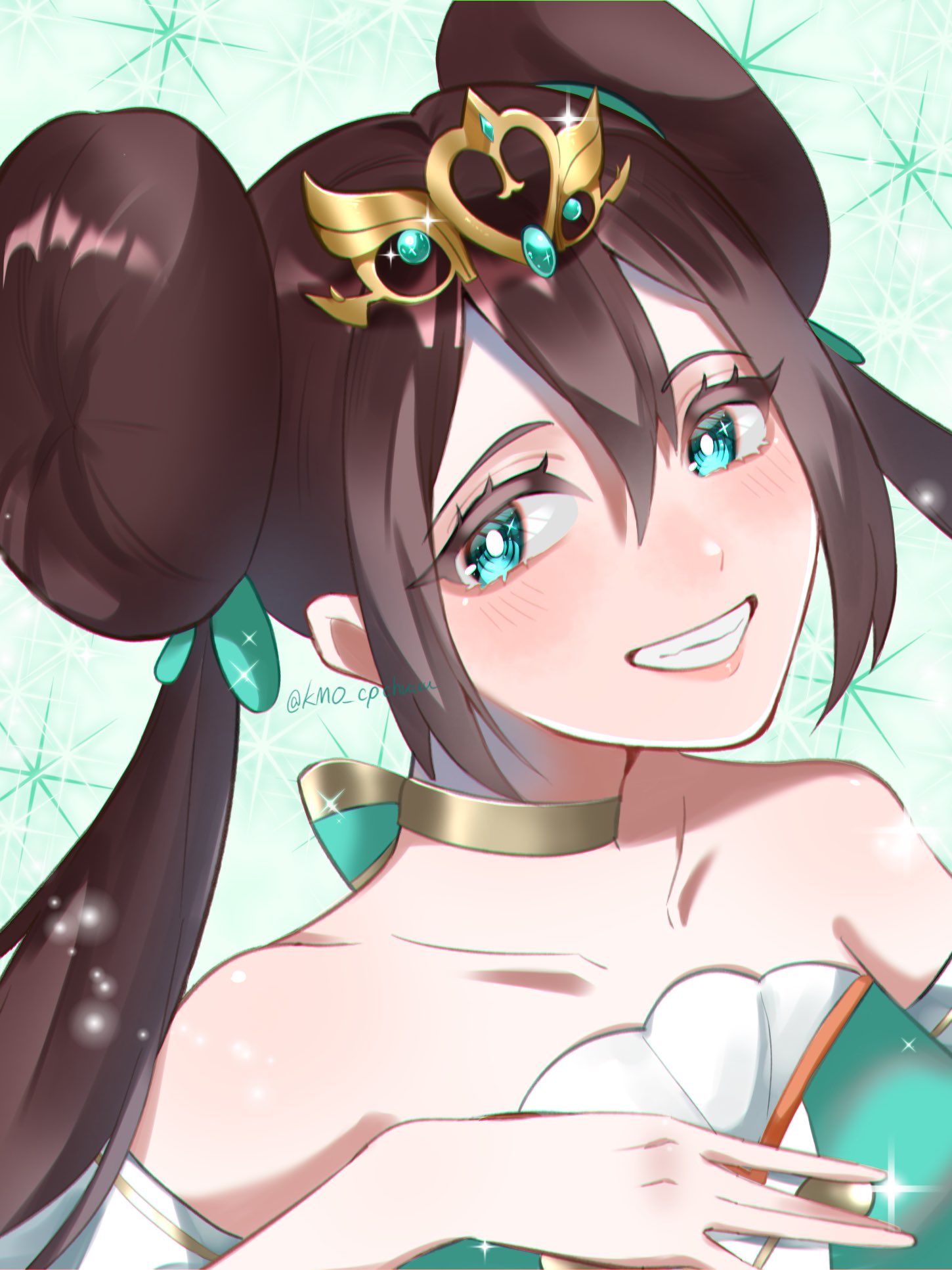 1girl, bare_shoulders, brown_hair, choker, collarbone, double_bun, dress, hair_bun, highres, kamicho_musharu, official_alternate_costume, pokemon, pokemon_masters_ex, rosa_(champion)_(pokemon), rosa_(pokemon), smile, solo, sparkle, strapless, strapless_dress, teeth, tiara, upper_body