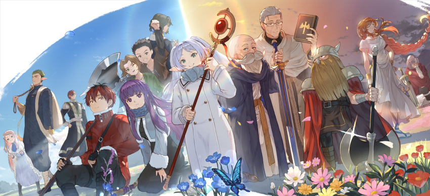 4girls, 6+boys, aged_down, arm_behind_back, arm_up, arms_up, axe, backpack