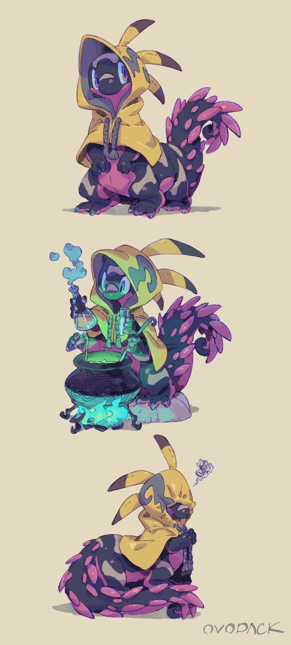 animal_focus, blue_fire, bottle, cauldron, commentary, covered_eyes, drawstring, extra_arms