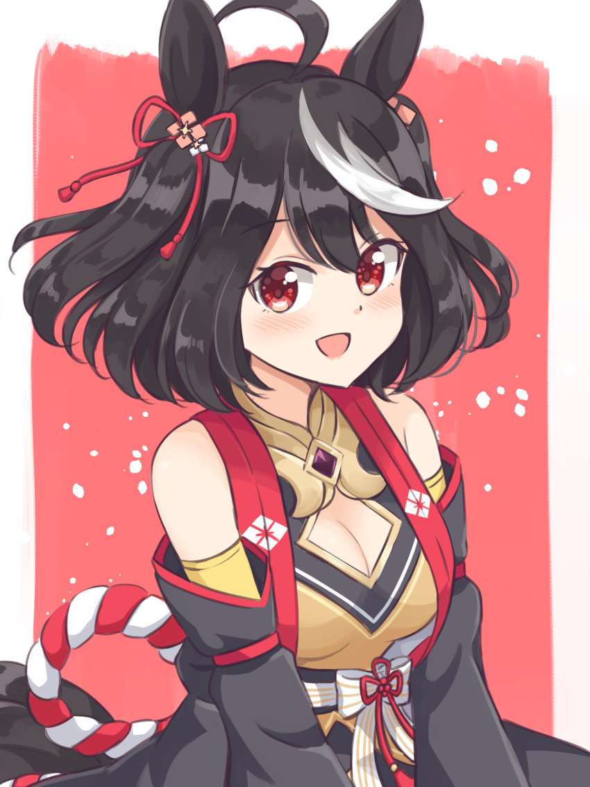 1girl, absurdres, ahoge, animal_ears, black_dress, black_hair, black_sleeves, cleavage_cutout