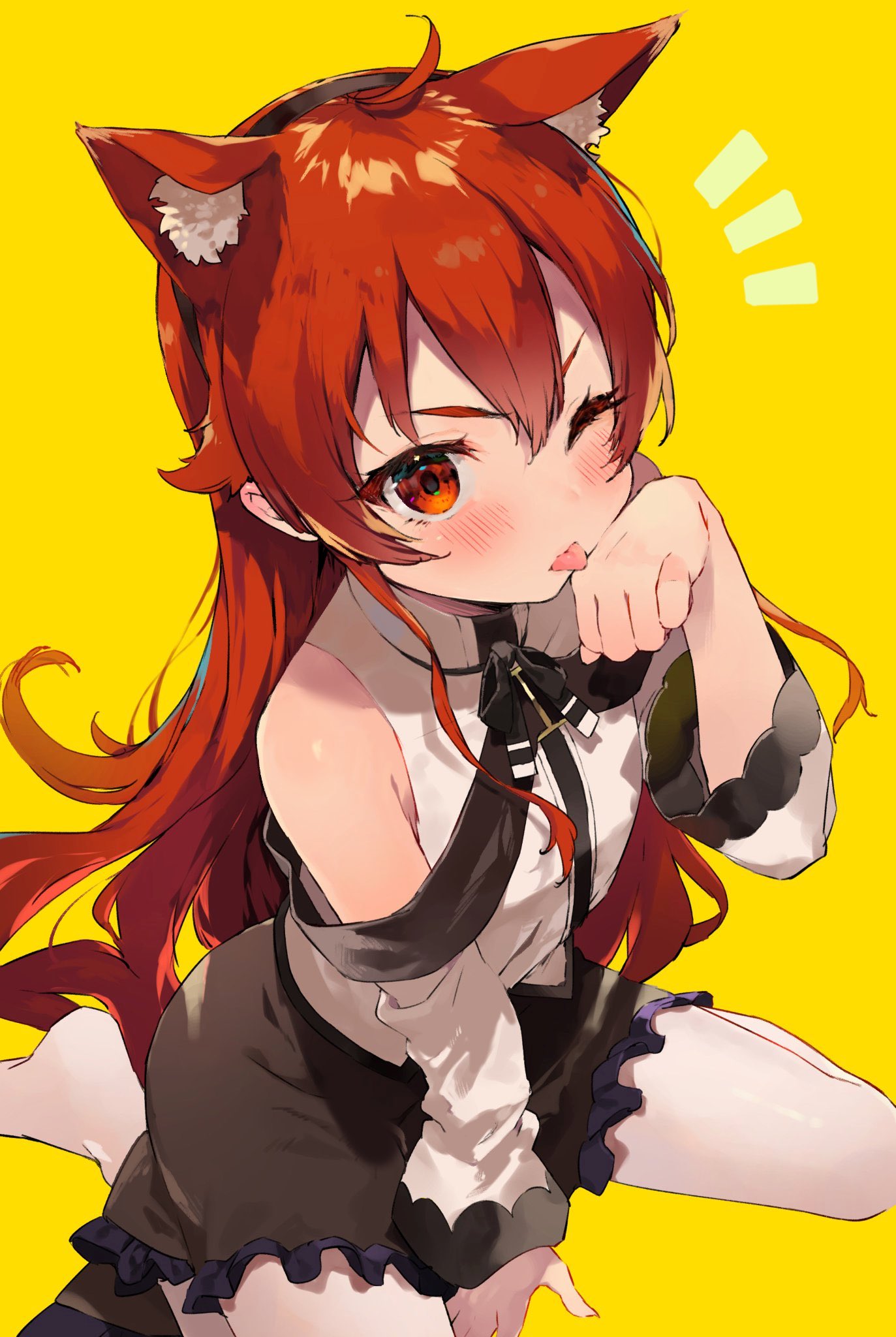 1girl, ahoge, animal_ear_fluff, animal_ears, bare_shoulders, barefoot, black_hairband, black_skirt