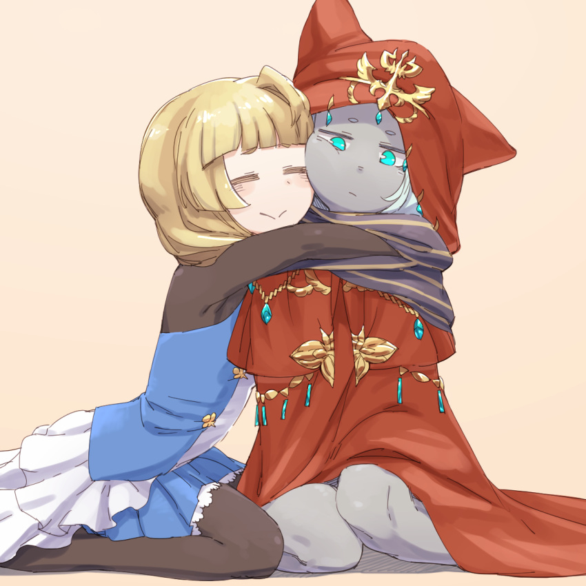 2girls, :>, aqua_eyes, arken_(sekaiju), black_pantyhose, blonde_hair, cheek-to-cheek, closed_eyes