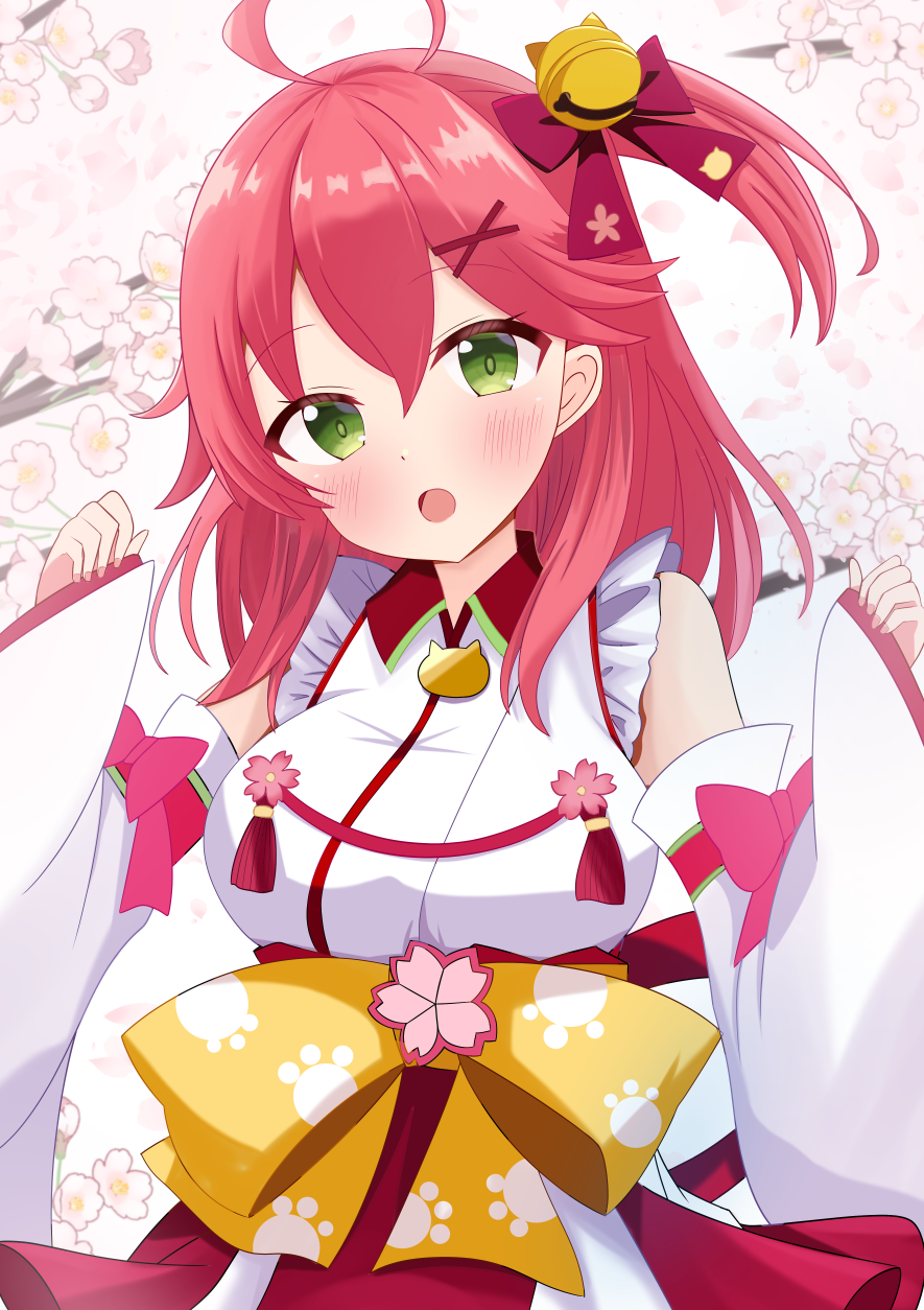 1girl, ahoge, animal_print, arms_up, bell, blush, bow, cat_print