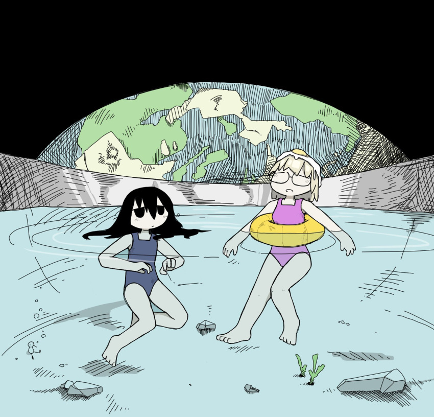 2girls, barefoot, birdweon, black_eyes, black_hair, blonde_hair, blue_one-piece_swimsuit, closed_eyes