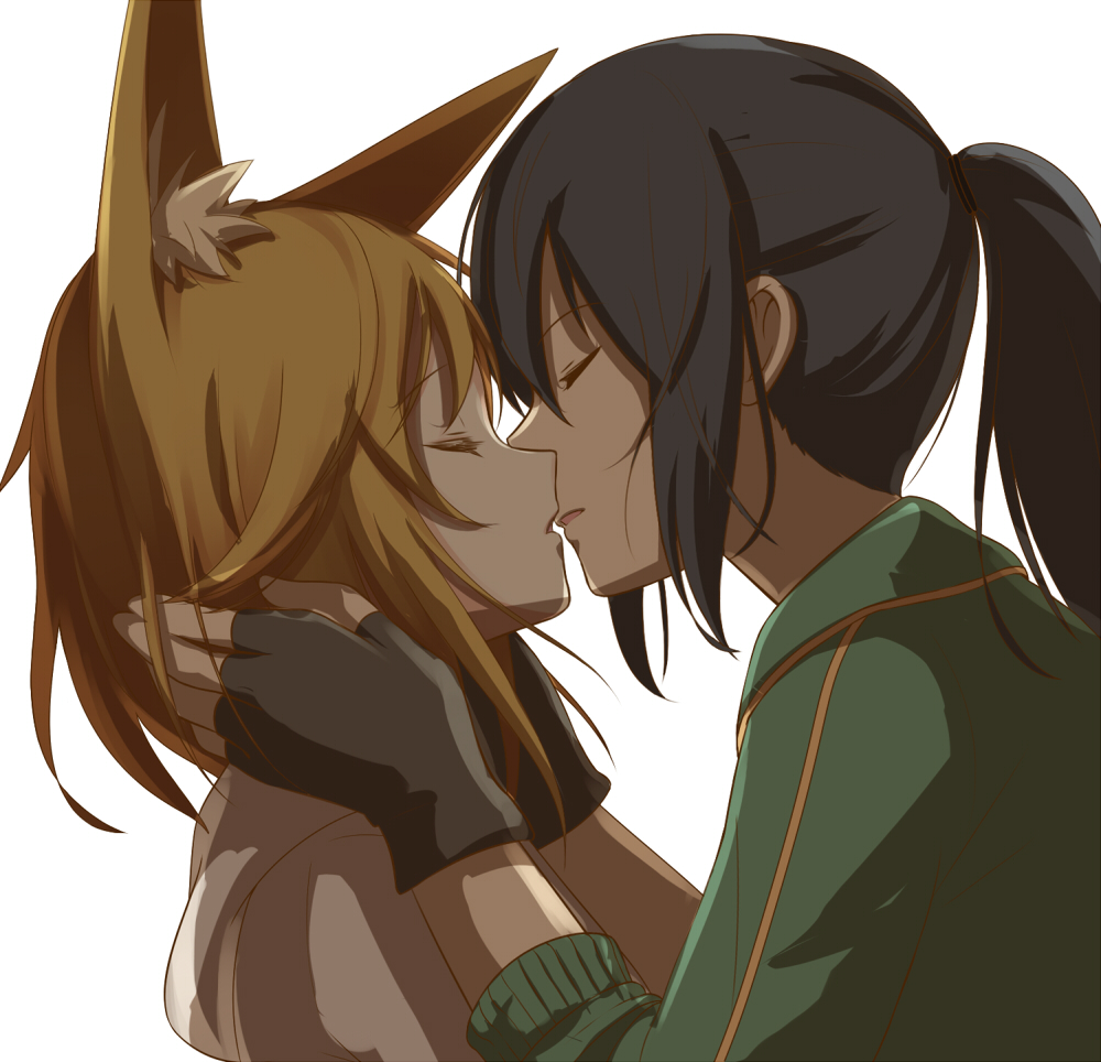 2girls, animal_ear_fluff, animal_ears, black_gloves, black_hair, blonde_hair, character_request, closed_eyes