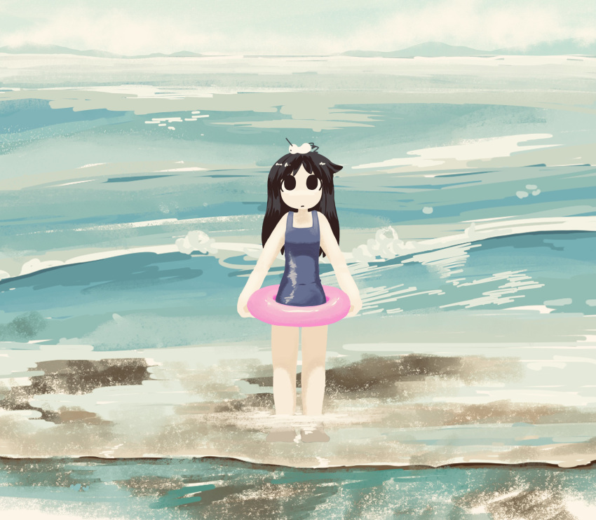 1girl, absurdres, animal_on_head, barefoot, beach, bird, bird_on_head, birdweon