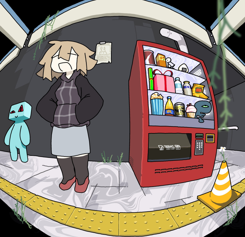 01-kun_(yume_2kki), 1girl, absurdres, bag_of_chips, birdweon, black_thighhighs, blonde_hair, bottle