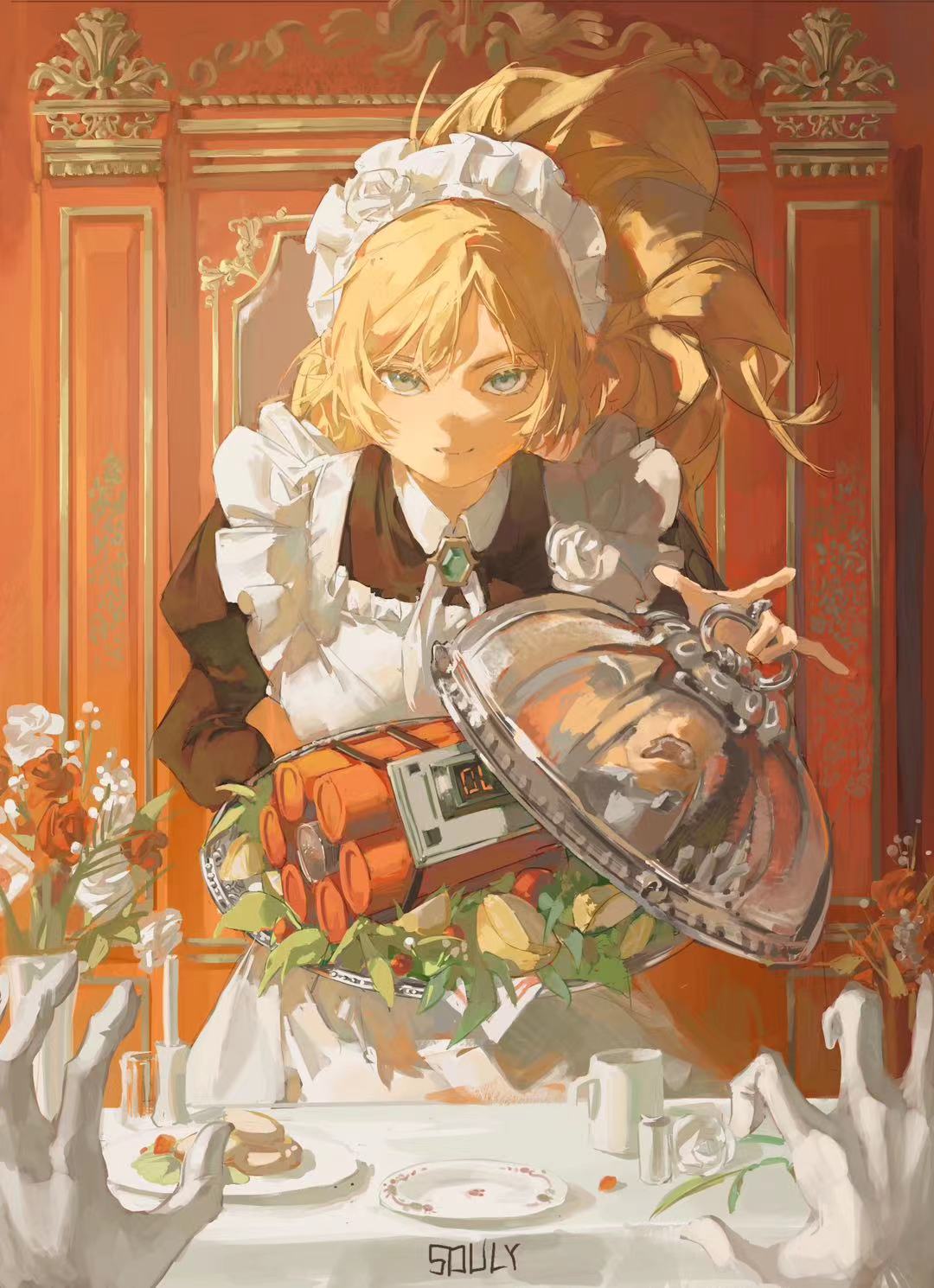 1girl, apron, artist_name, black_dress, blonde_hair, blue_eyes, bomb, brooch